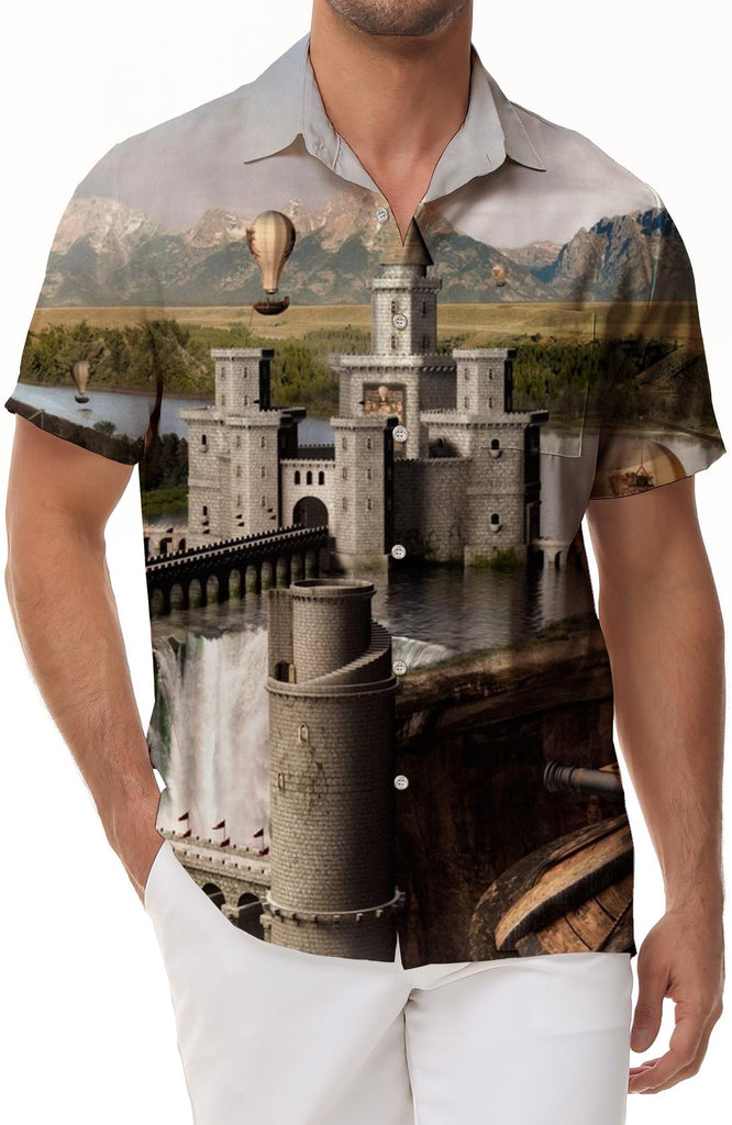 European retro castle men's casual loose short-sleeved tropical Hawaiian pocket lapel button four seasons summer daily street walk