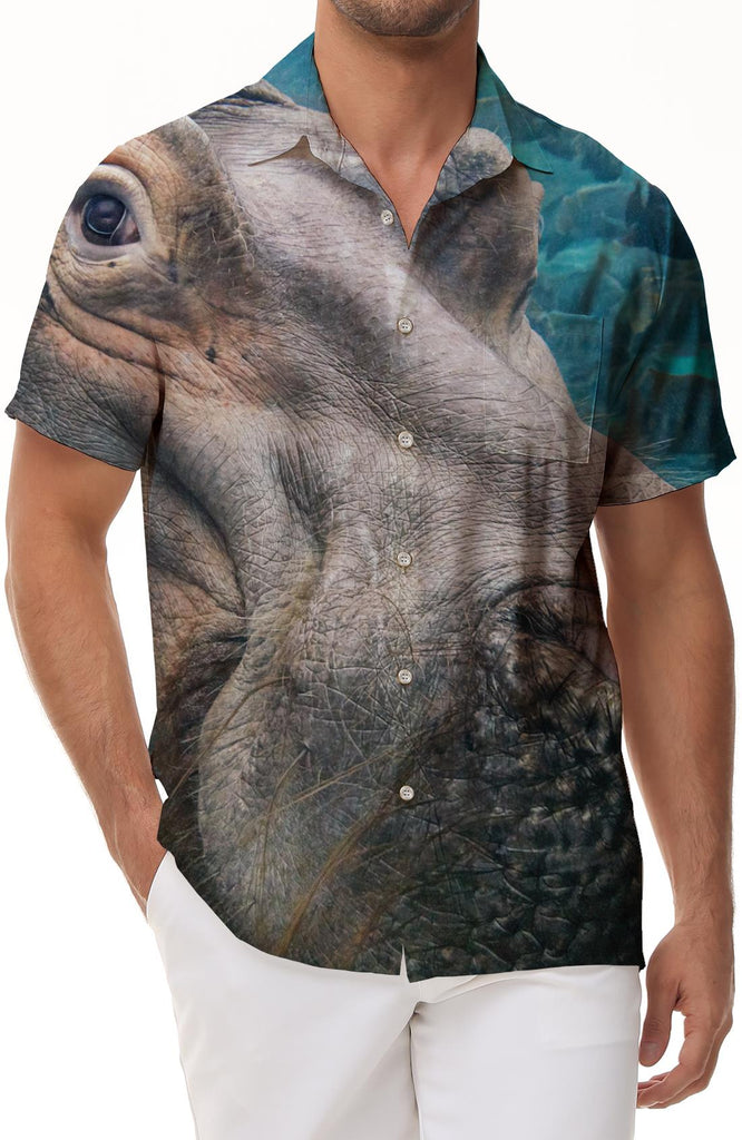 Hippo Men's Cartoon Cuban Collar Short Sleeve Shirt Casual Button Shirt Holiday Beach Shirt