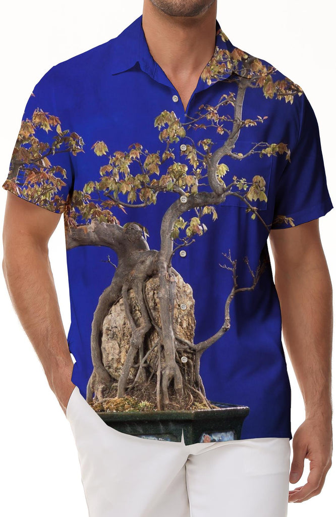 Tree digital print Hawaiian tropical button-down lapel pocket short sleeve casual men's loose vacation travel beach shirt