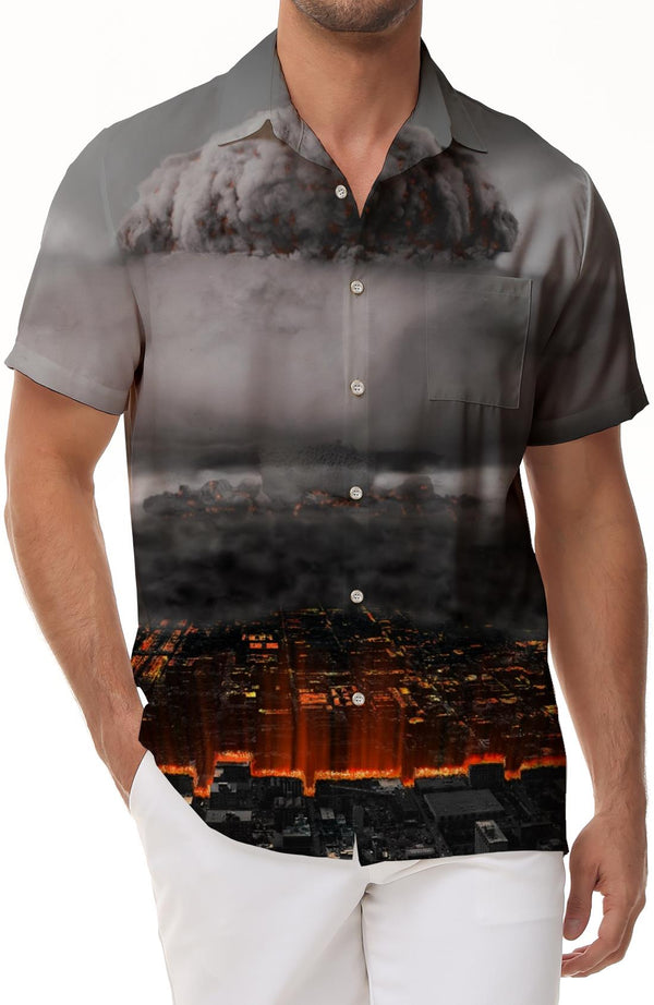 Nuclear Weapon Explosion Gray Mushroom Cloud Men's Casual Shirt Long Sleeve Button Lapel Shirt Graphic Print