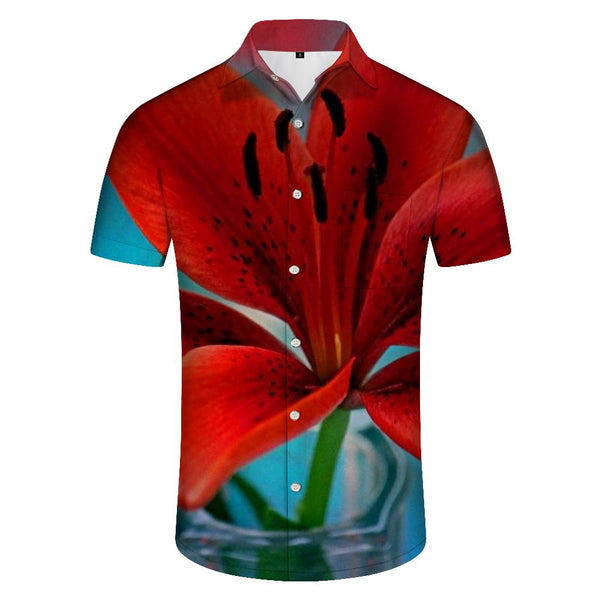 
Bright red flower men's short sleeve shirt casual button down summer beach shirt classic fit top short sleeve shirt flower
                