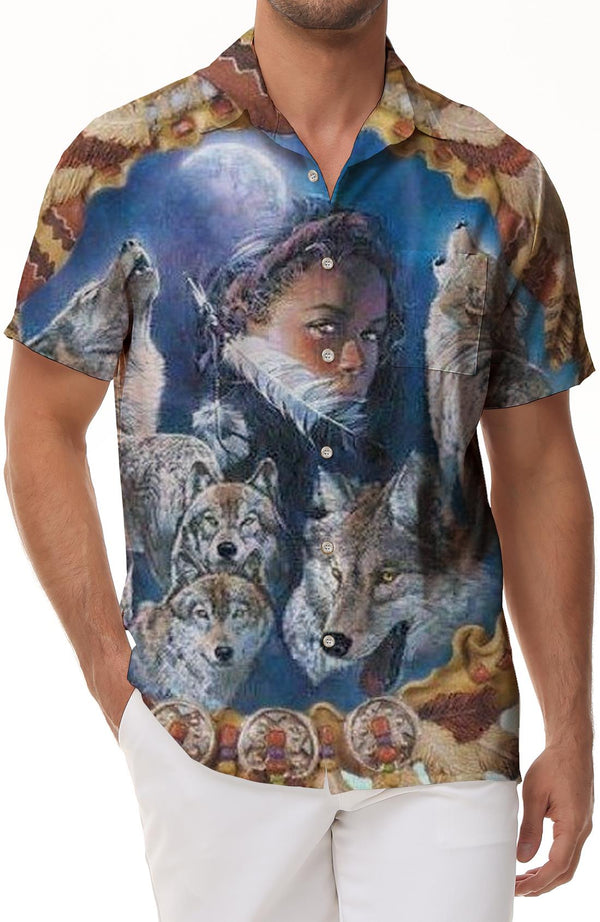 Abstract Wolf Galaxy Men's Short Sleeve Shirt Casual Button Summer Beach Shirt Classic Fit Tops