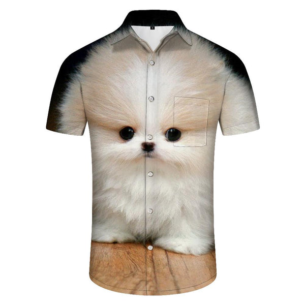 
White frizzy cute puppy men's button-down fashion style Hawaiian button-down novelty short-sleeved shirt animal
                