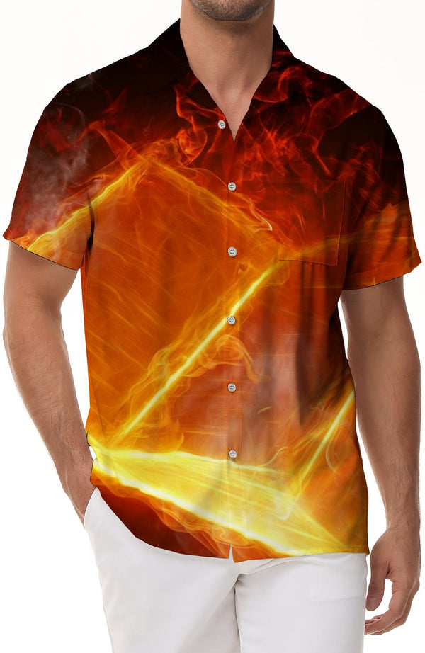 Burning Flame Fire Men's Loose Hawaiian Button Fashion Lapel Regular Fit Pocket Breathable Printed Shirt Beach Short Sleeve