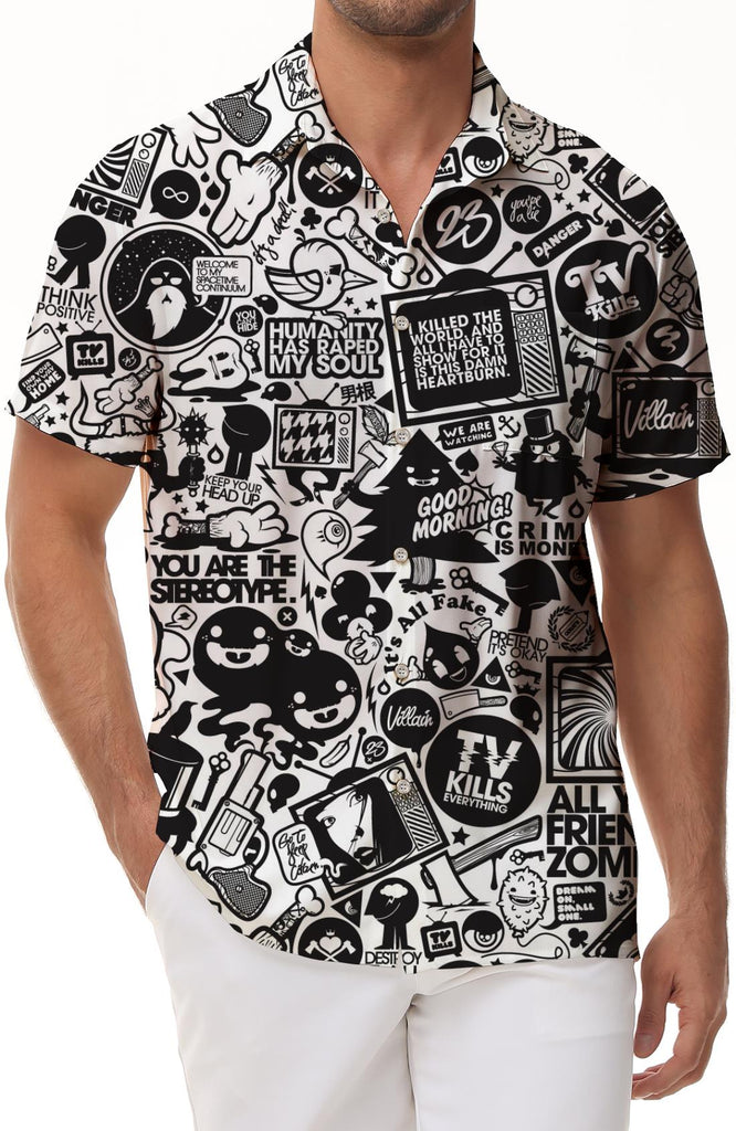 Black and white art print pattern casual loose men's fashion button-down lapel summer vacation beach shirt short sleeves
