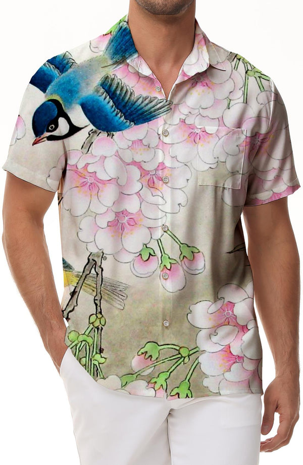 Sakura Bird Men's Hawaiian Shirt Men's Summer Beach Casual Daily Button Shirt Short Sleeve