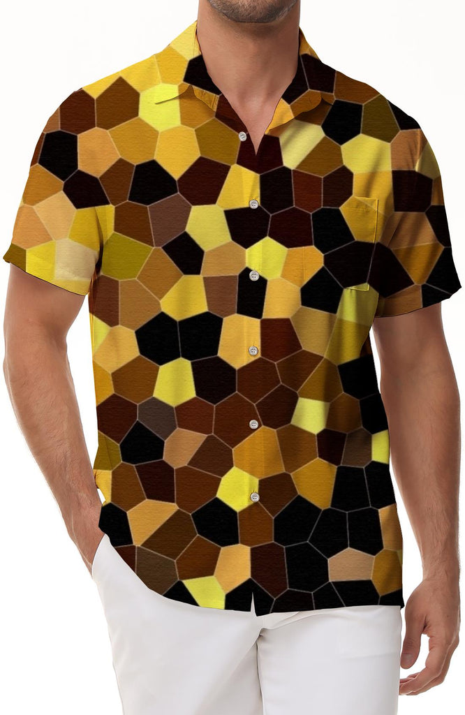 Gold Bright Leather Pocket Shirt Loose Tops Men's Short Sleeve Classic Print Lapel Short Sleeve Button Shirt Summer