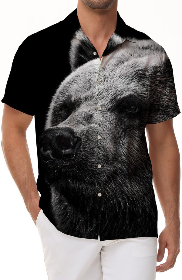 Furry wild bear black men's button-down shirt short sleeve Hawaiian breathable shirt vacation ocean vacation fashionable