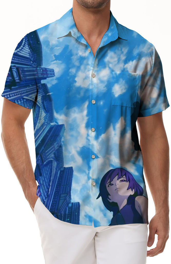 Japanese Cartoon Blue Sky Hawaiian Shirt Men's 3D Printed Short Sleeve Shirt Loose Everyday