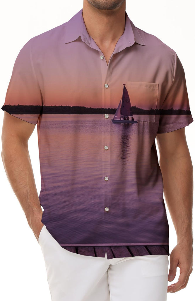 Beautiful sunset seaside boat Hawaiian shirt button shirt summer short-sleeved top men's shirt beach clothing