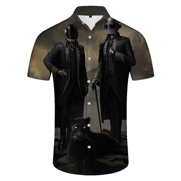 
Punk trendy men's pattern short sleeve fashion shirt full print summer casual tops black
                