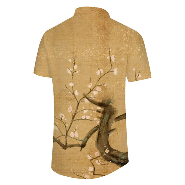 
Peach Blossom Style Ancient Art Painting Men's Casual Shirt Short Sleeve Hawaiian Button Pocket Lapel Trend
                