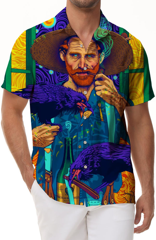 Vincent Van Gogh Fun Facts Book Digital Print Casual Loose Men's Daily Travel Short Sleeve Shirt Button Pocket Lapel Hawaiian Clothing