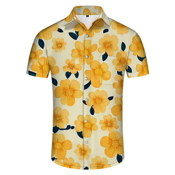 
Yellow small flower print pattern button-down lapel men's casual loose tropical Hawaiian cool fashion top
                