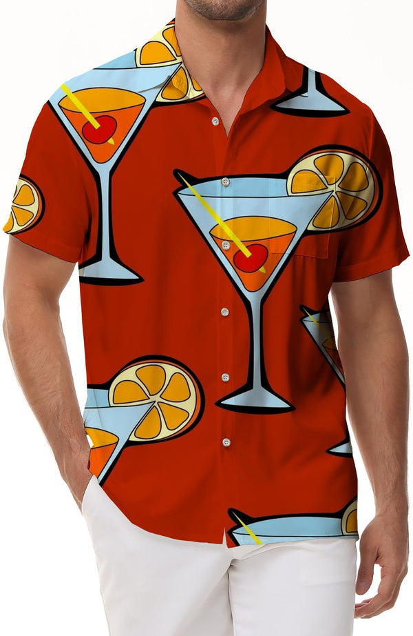 Seaside drinks alcoholic beverages cocktails men's Hawaiian shirts short sleeve button down shirts tops for casual beach vacations