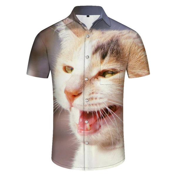 
Cat pattern tropical Hawaiian button-down lapel pocket casual loose men's short-sleeved retro collar holiday beach shirt short sleeves
                