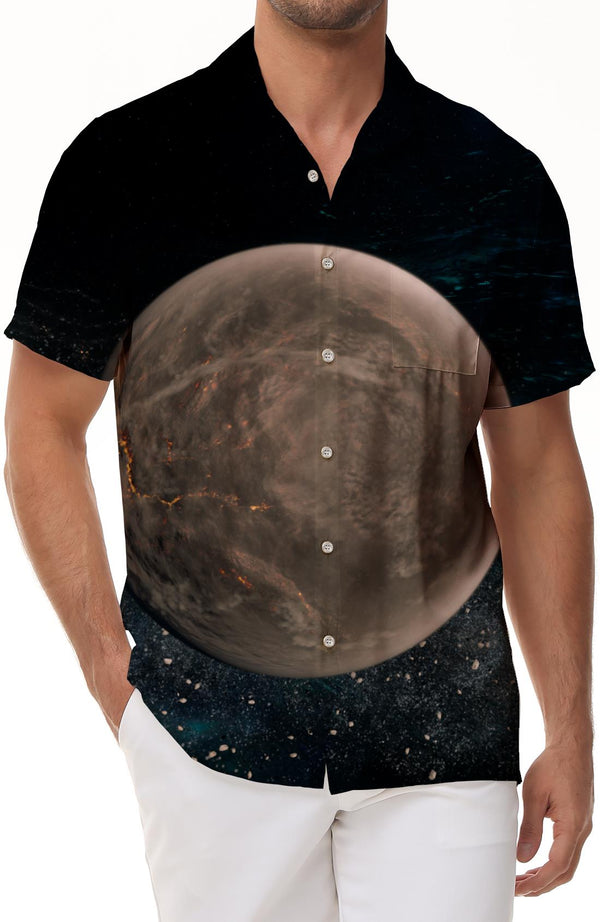 Wooden ball space planet print trendy tropical summer wear Hawaiian shirt men's retro beach wear