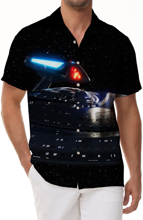 Sci-fi art fantasy galaxy space and starship Hawaiian tropical print shirt short sleeves