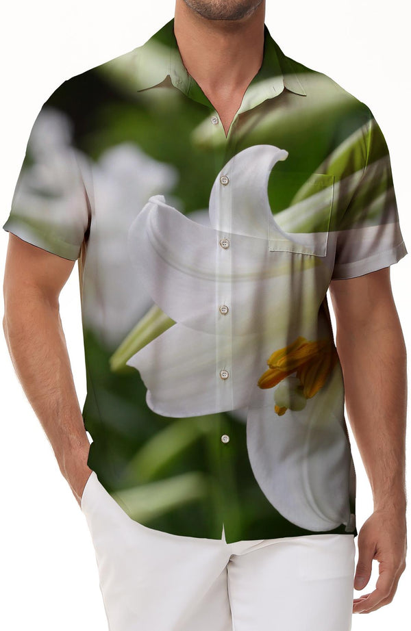 Flowers men's white short-sleeved 3d digital printing men's casual short-sleeved shirt loose tropical four seasons Hawaiian short-sleeved shirt lily