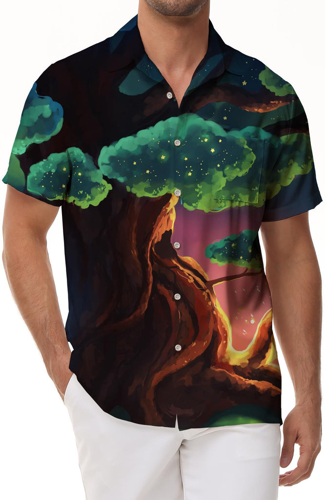 Jungle green big tree print men's loose street running short-sleeved shirt four seasons tropical rainforest Hawaii fashion comfortable short-sleeved