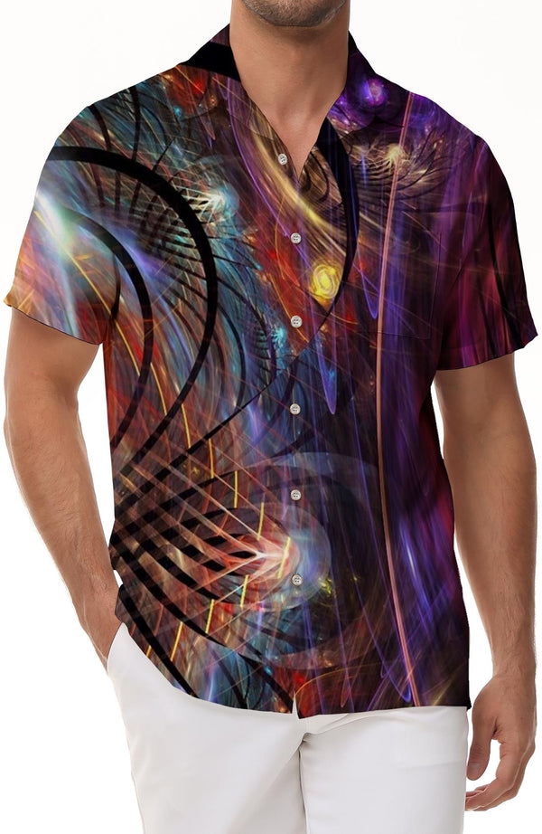 Dreamy geometric loose version men's casual button short-sleeved shirt tropical rainforest summer seaside beach Hawaiian short-sleeved shirt tops printed pattern