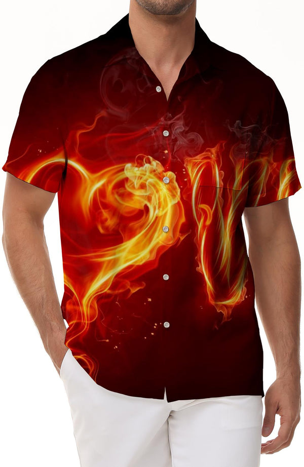 Fun English Letter Print Flame Pattern Hawaiian Button Lapel Short Sleeve Shirt Men's Beach Style