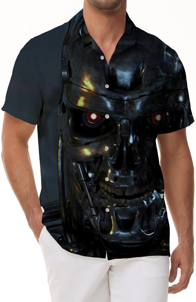 Mecha Punk Mens Hawaiian Shirt Short Sleeve Dark Button Beach Shirt Trendy