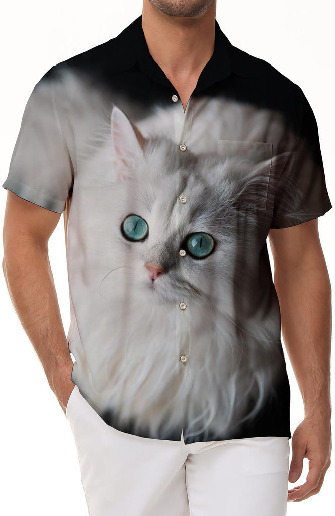 Elegant White Cat Hawaiian Shirt Cat Flower Short Sleeve Shirt Summer Casual Beach Shirt Button-down Tropical Floral Shirt White