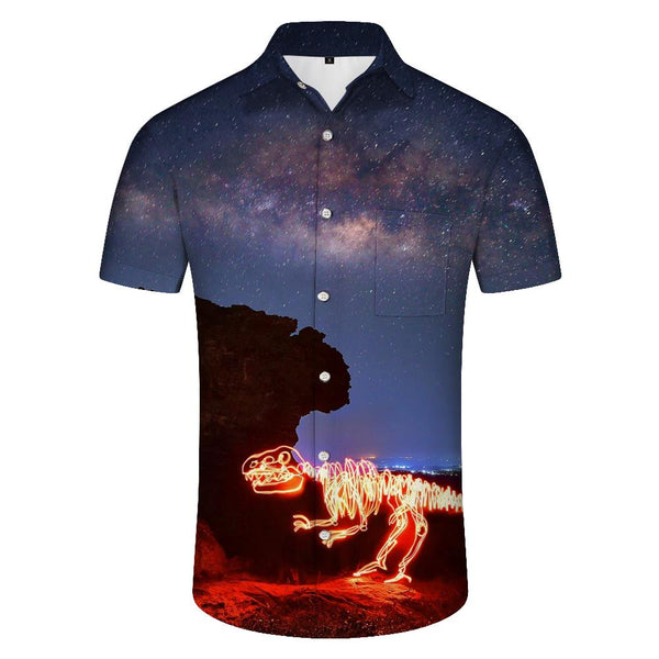 
3d Printed Fluorescent Dinosaur Breathable Shirt Men's Loose Casual Vacation Travel Beach Hawaiian Button Lapel Pocket Shirt
                