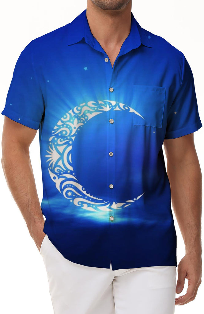 Blue Moon Loose Casual Short Sleeve Shirt Men's 3D Moon Printed Short Sleeve Hawaiian Shirt Casual Shirt Dark Blue