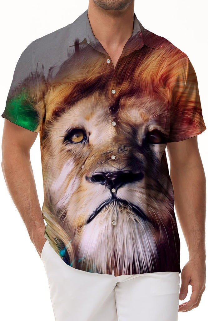Colorful Men's Casual Shirt Short Sleeve Animal Lion 3D Printed Button Shirt Retro Loose Beach Party Vacation Hawaiian Shirt