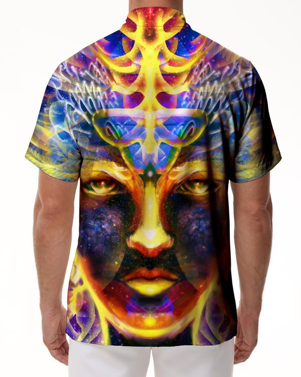 
Buddha statue colorful 3D print pattern Hawaiian button pocket lapel tropical four seasons men's casual loose travel seaside beach clothing
                