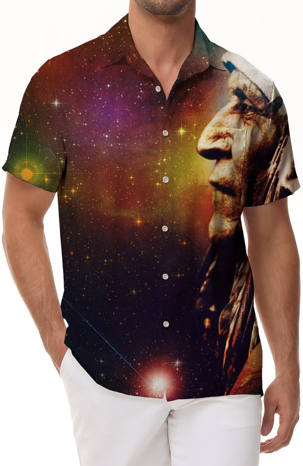 Galaxy Ocean Scenery Old Man Printed Pattern Men's Casual Button Shirt Short Sleeve Summer Beach Wear