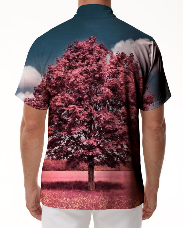 
Fairy tale pink trees cool men's casual loose short-sleeved shirt Hawaiian Haikou lapel button-down short-sleeved shirt trees
                