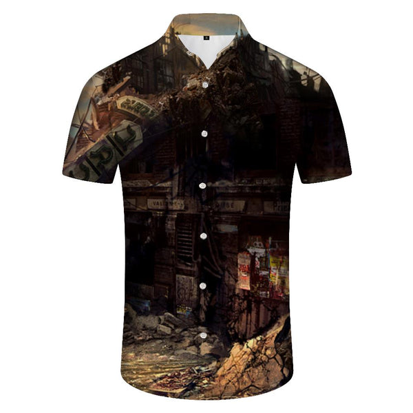 
War destroyed house tropical summer short sleeve shirt Hawaiian button down lapel men's casual short sleeve pocket
                