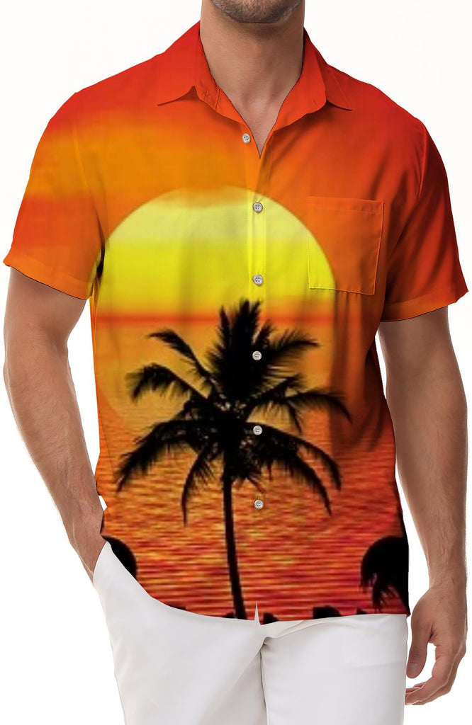 Orange Sunset Mens Vintage Hawaiian Shirt Short Sleeve Button Down Tropical Summer Vacation Top