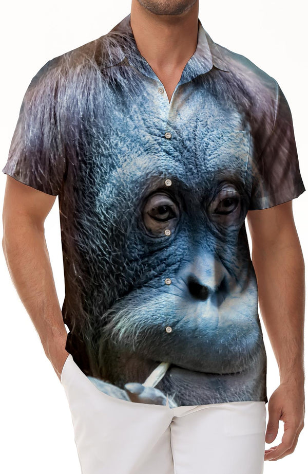 Orangutan digital printing men's loose casual short-sleeved Hawaiian button lapel pocket short-sleeved shirt summer tops