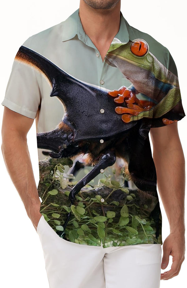 Lapel Men's Short Sleeve Shirt Animal Bug and Frog Pattern Casual Shirt Fashion Street Men's Shirt Short Sleeve