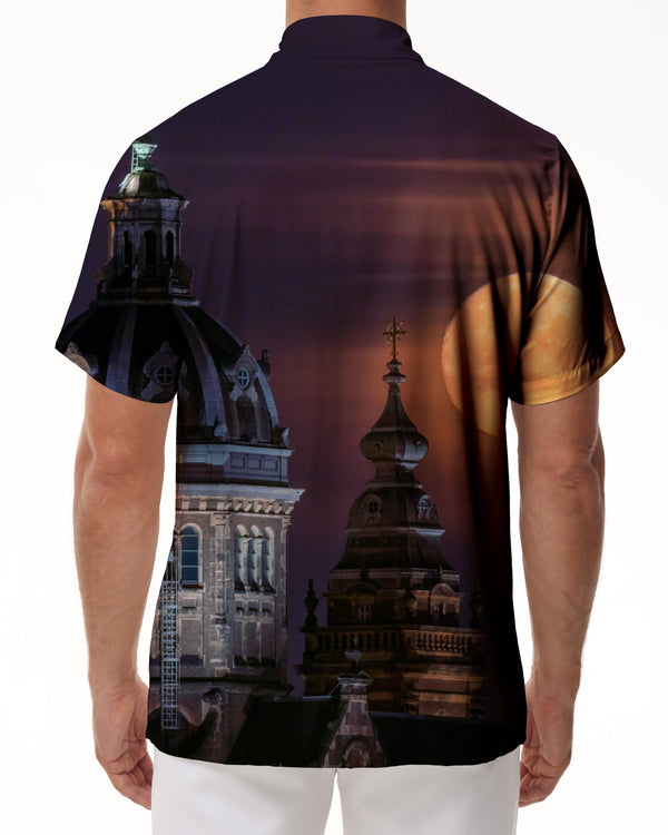 
Italy St. Nicholas Church beautiful scenery men's leisure vacation daily travel Hawaiian button lapel short-sleeved shirt pocket
                
