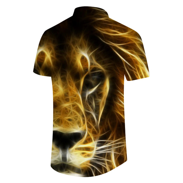 
Lion Print Short Sleeve Hawaiian Shirt Gold Candle Flame Super Cool Pattern Stand Collar Shirt Casual Men's Shirt
                