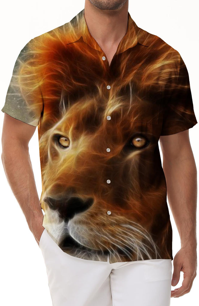 Wild Animal King Lion Men's Short Sleeve Shirts Casual Button Down Summer Beach Shirt Classic Fit Tops