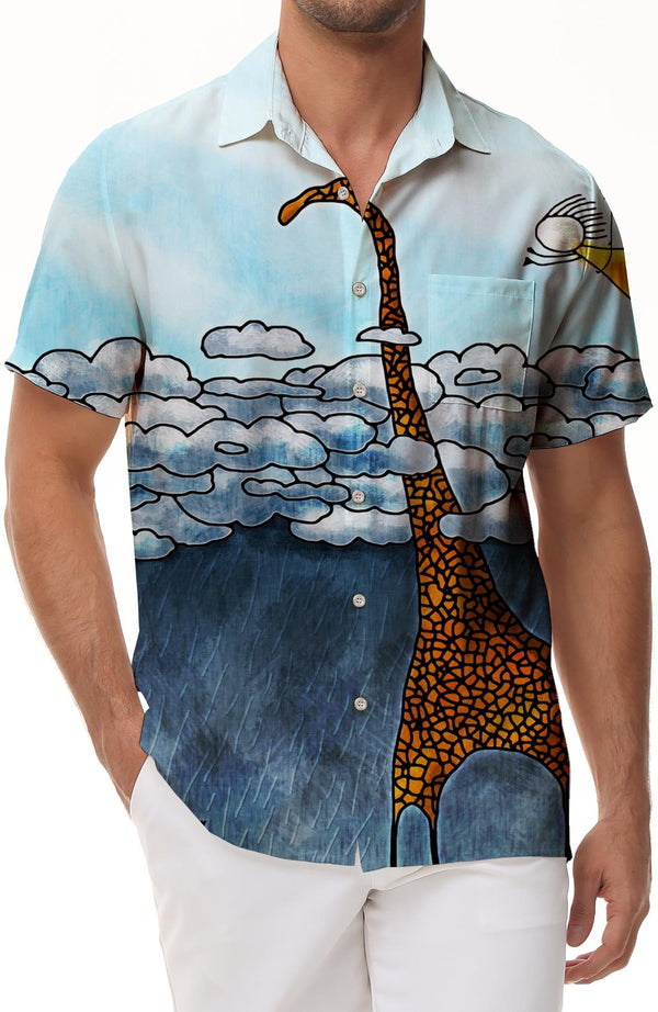 White Cloud Giraffe Men's Hawaiian Shirt Short Sleeve Pocket Regular Fit Button Top Fun