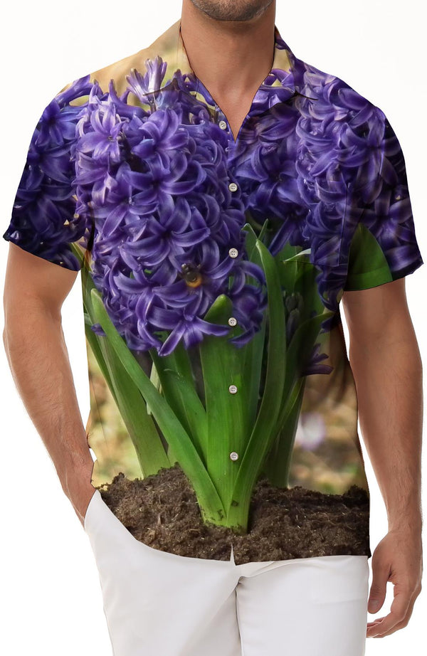 Flower Purple Hyacinth Men's Casual Daily Vacation Short Sleeve Tropical Four Seasons Hawaiian Button Lapel Pocket Short Sleeve Shirt Tops