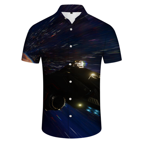 
Anime time travel print loose pocket thin shirt beach men's Hawaiian style short sleeve shirt versatile
                