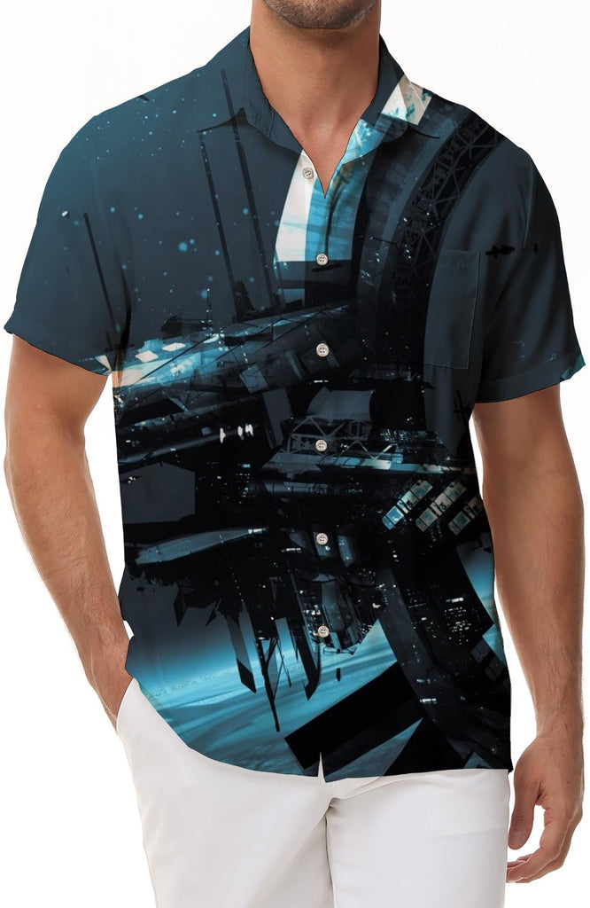 Premium Spaceship Men's Casual Shirt Short Sleeve Regular Fit Fashion Beach Shirt Tops Camping