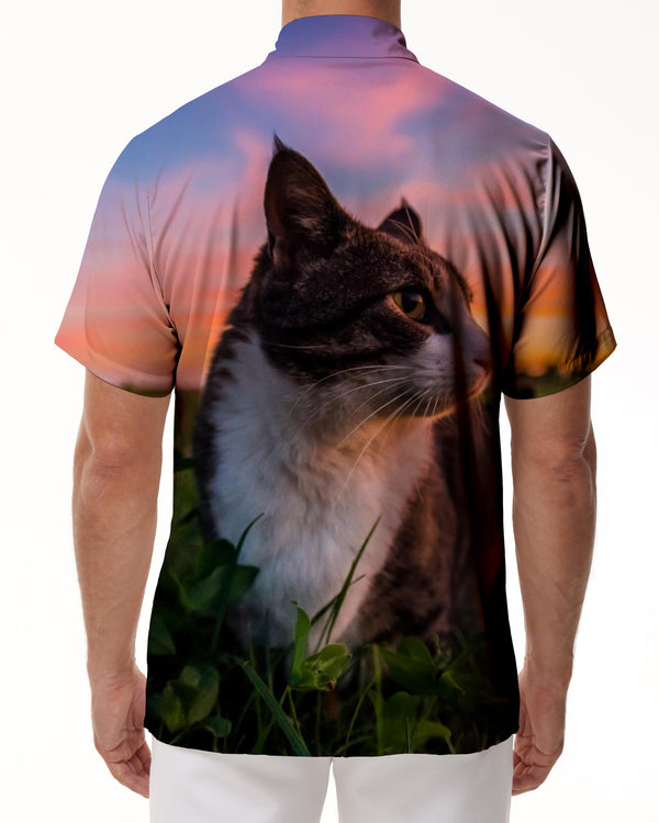 
Cute cat and sunset pattern men's Cuban collar short sleeve shirt suitable for vacation beach
                