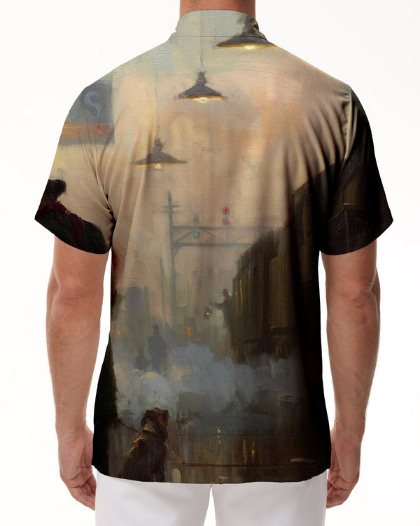 
Retro men's oil painting atmosphere street casual Hawaiian tropical rainforest four seasons button lapel pocket top
                