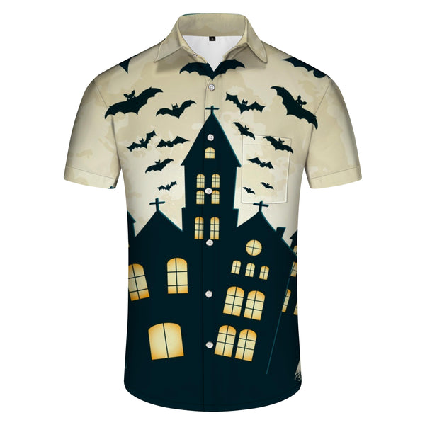 
Lightweight and Fun Men's Halloween Castle Bat Shirt Print Short Sleeve Button Shirt Polyester
                