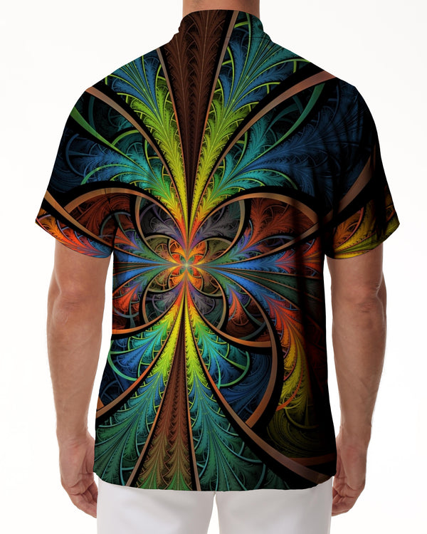 
Abstract fantasy geometric pattern painting casual men's mysterious totem short-sleeved shirt psychedelic color 3D printing button shirt tie-dye
                