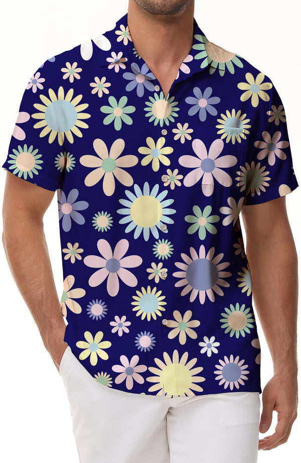 Men's daisy flower purple fashion style Hawaiian button lapel holiday seaside casual style 3d digital printing pattern